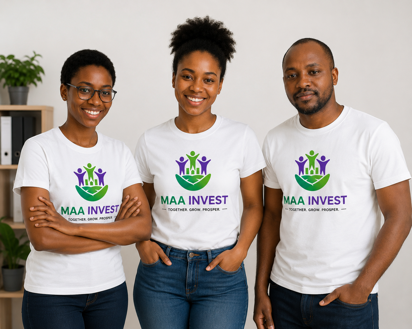 Two MAA INVEST team members working at a desk with laptops in a branded office